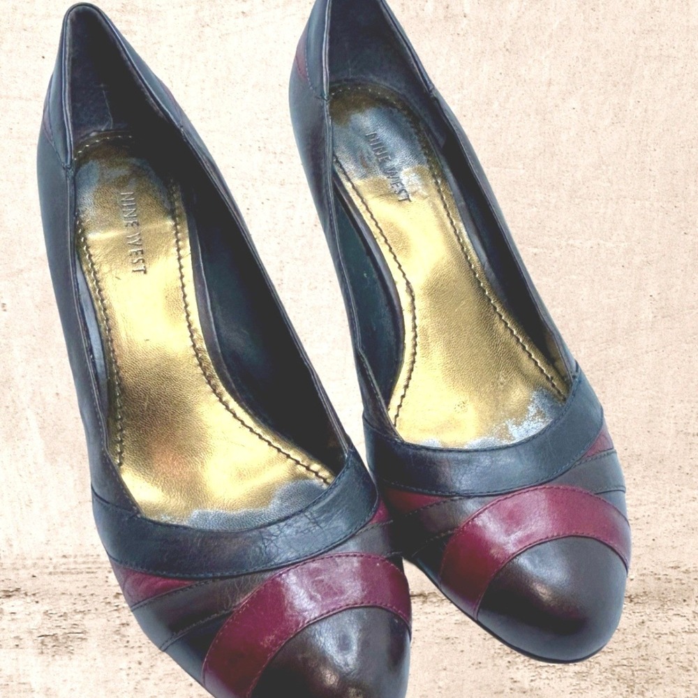 Nine West Brown Burgundy Leather Round Toe Pumps‎ Size 8.5M 3" Heel